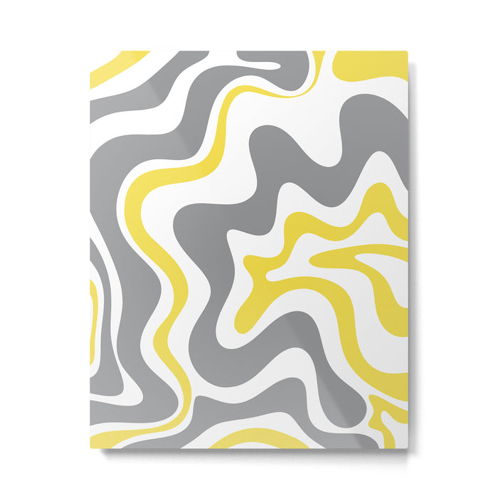 Retro Liquid Swirl Abstract in Lemon Yellow, Light Gray, and White Metal Print Gallery Image 1