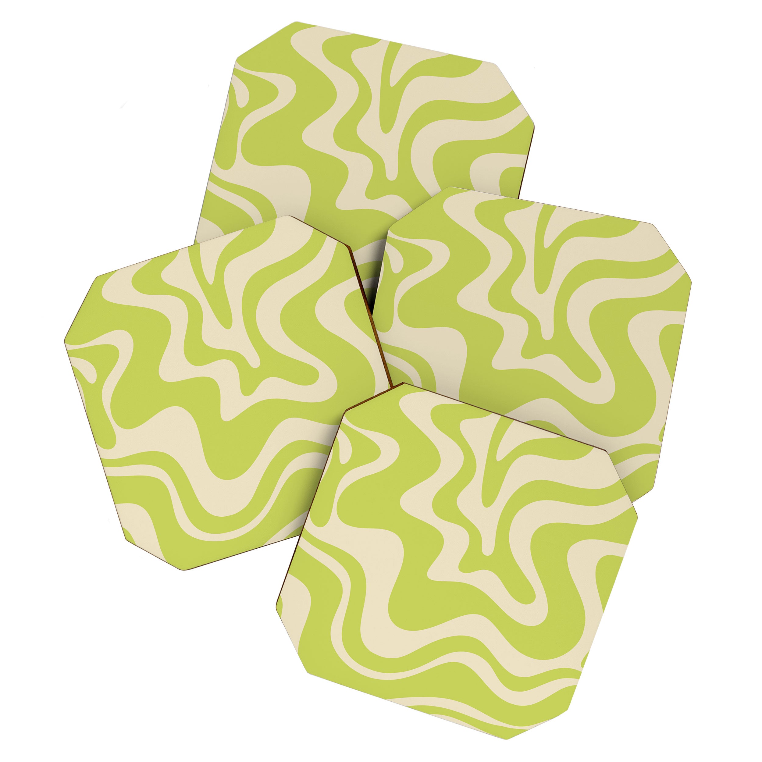 Retro Liquid Swirl Abstract Pattern 5 in Light Lime Linden Green and Beige Coaster Gallery Image 1