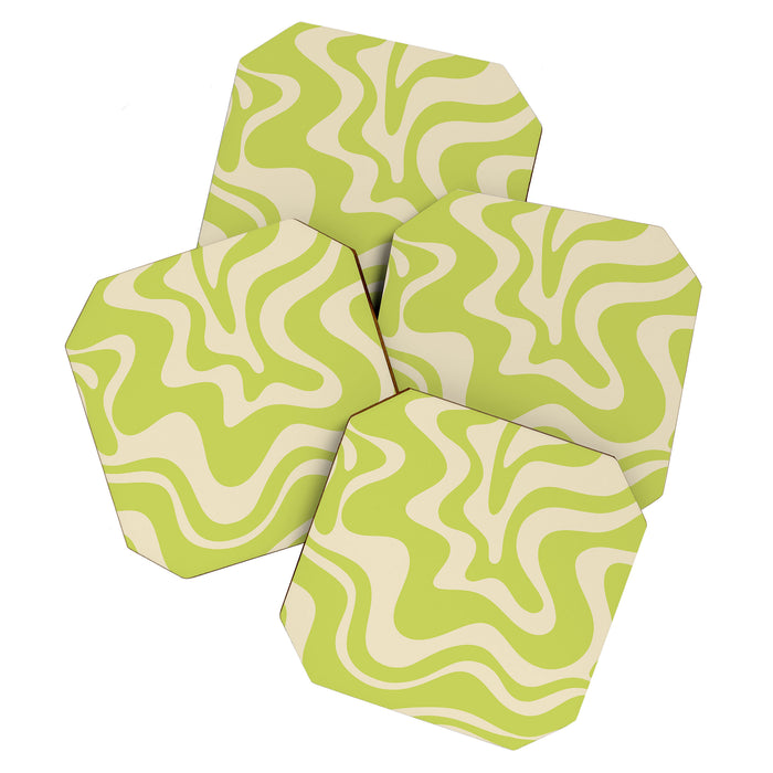 Retro Liquid Swirl Abstract Pattern 5 in Light Lime Linden Green and Beige Coaster Gallery Image 1