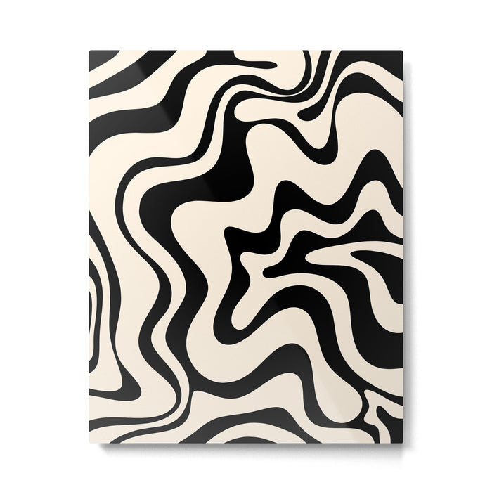 Retro Liquid Swirl Abstract Pattern Black and Almond Cream Metal Print Gallery Image 1
