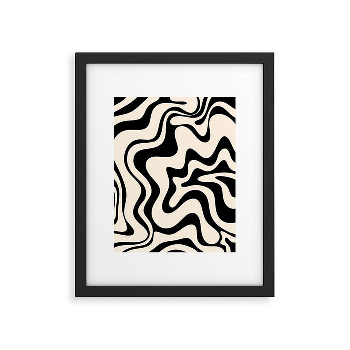 Retro Liquid Swirl Abstract Pattern Black and Almond Cream Framed Art Print Gallery Image 1
