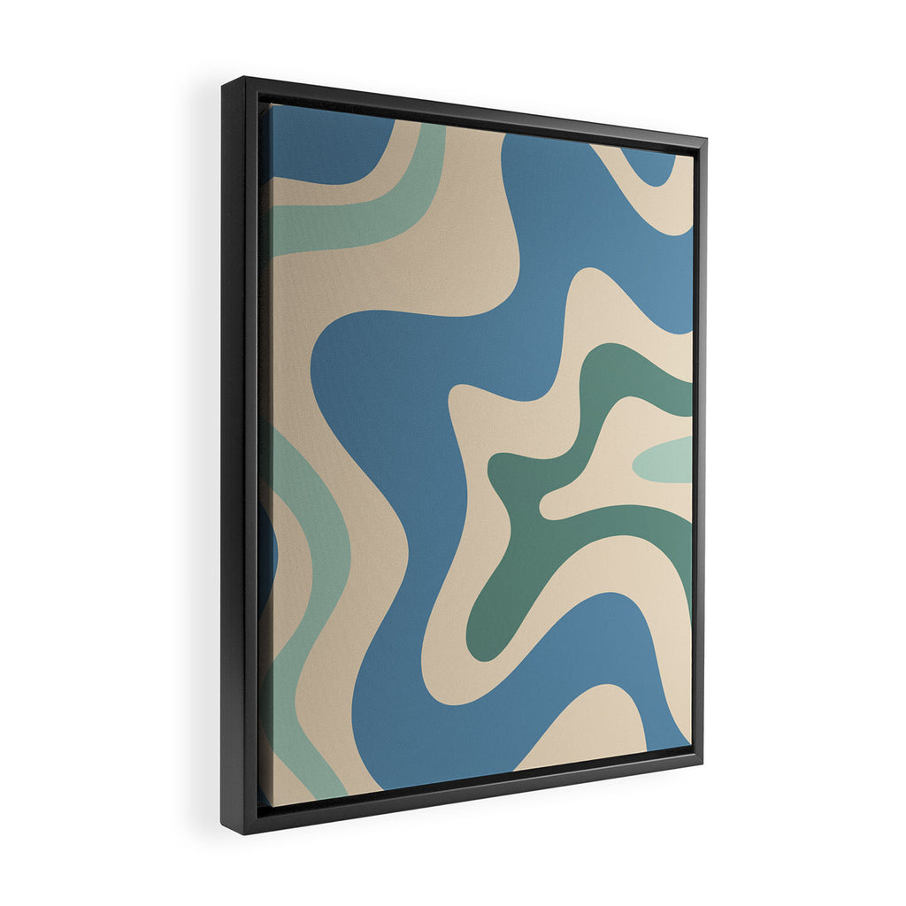 Retro Liquid Swirl Abstract Pattern Blue Aqua Teal Beige Framed Canvas Print Gallery Image 2
