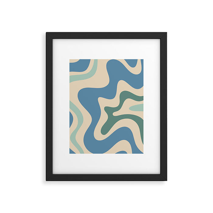 Retro Liquid Swirl Abstract Pattern Blue Aqua Teal Beige Framed Art Print Gallery Image 1