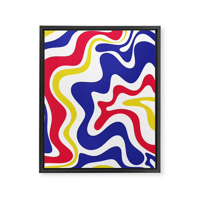 Retro Liquid Swirl Abstract Pattern Blue Red Yellow White Framed Canvas Print Gallery Image 1