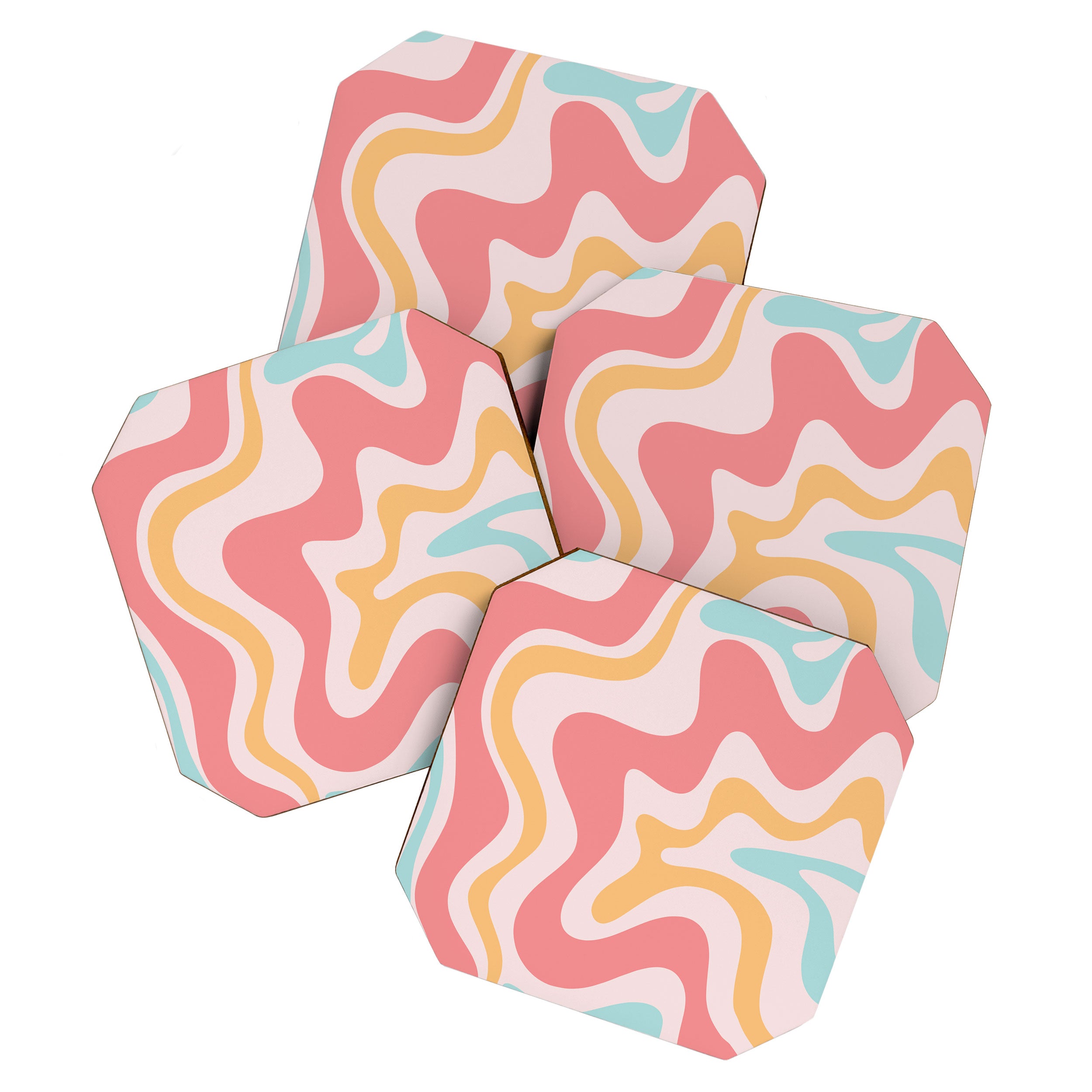 Retro Liquid Swirl Abstract Pattern Blush Pink Mustard Aqua Coaster Gallery Image 1
