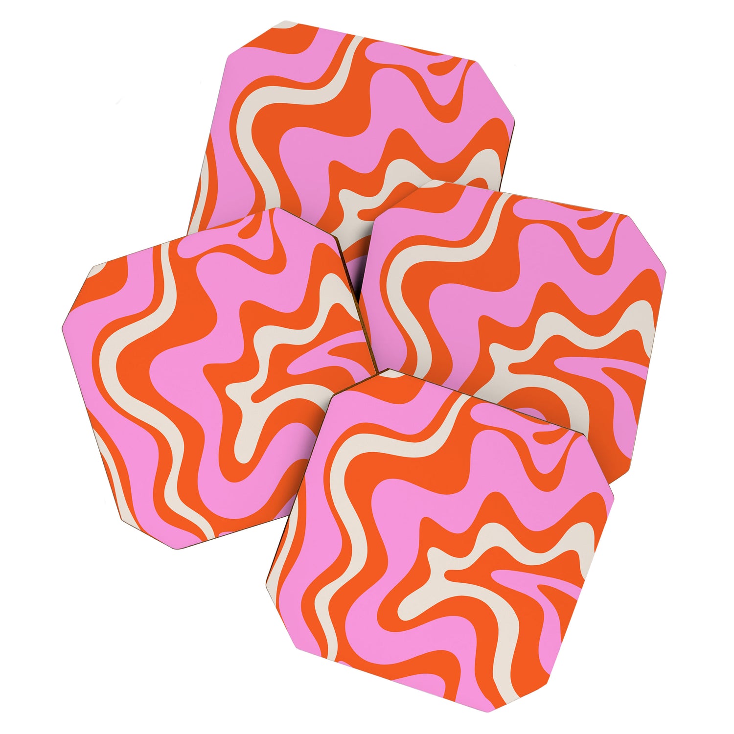 Retro Liquid Swirl Abstract Pattern Bright Pink Orange Cream Coaster Gallery Image 1