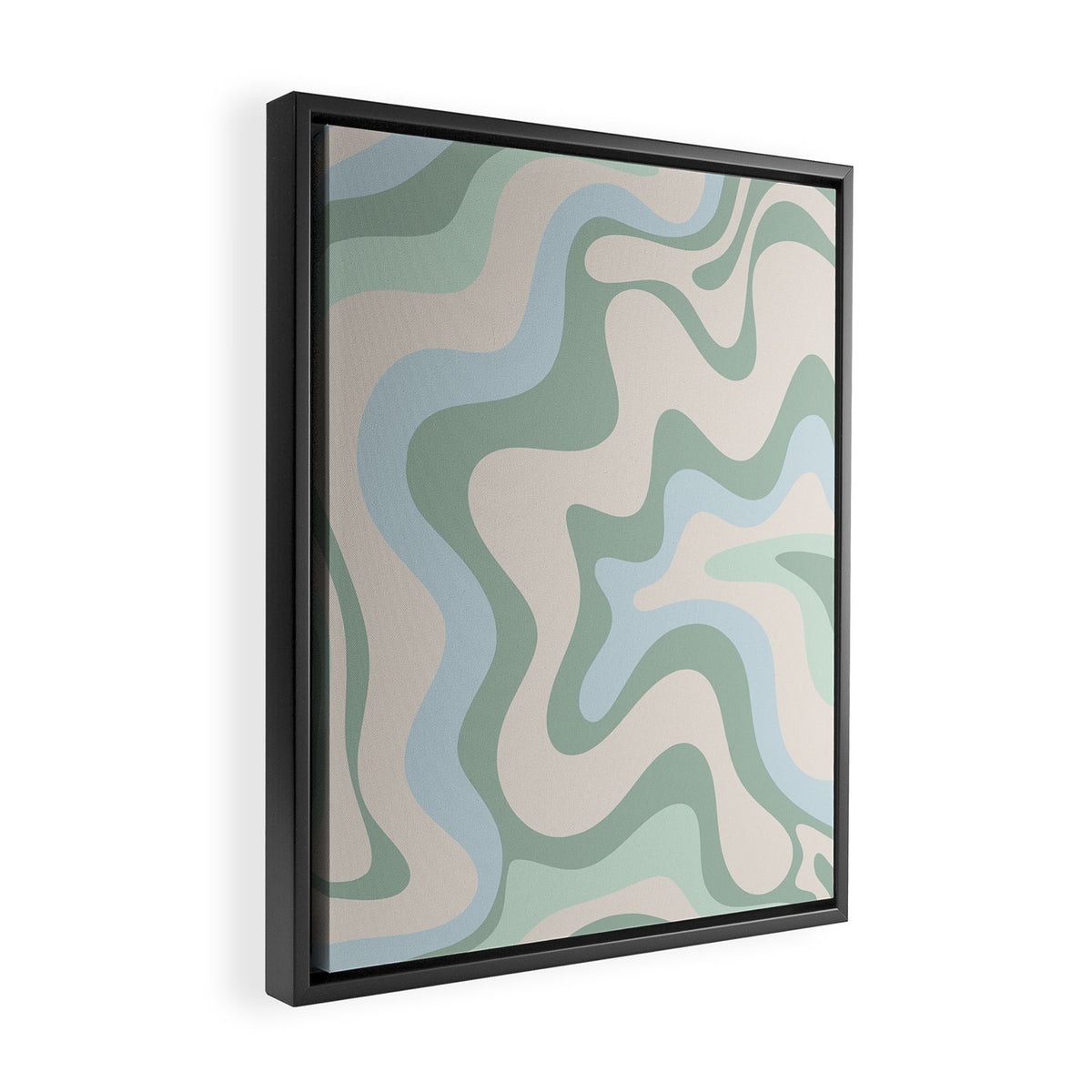Retro Liquid Swirl Abstract Pattern Celadon Green Baby Blue Beige Framed Canvas Print Gallery Image 2