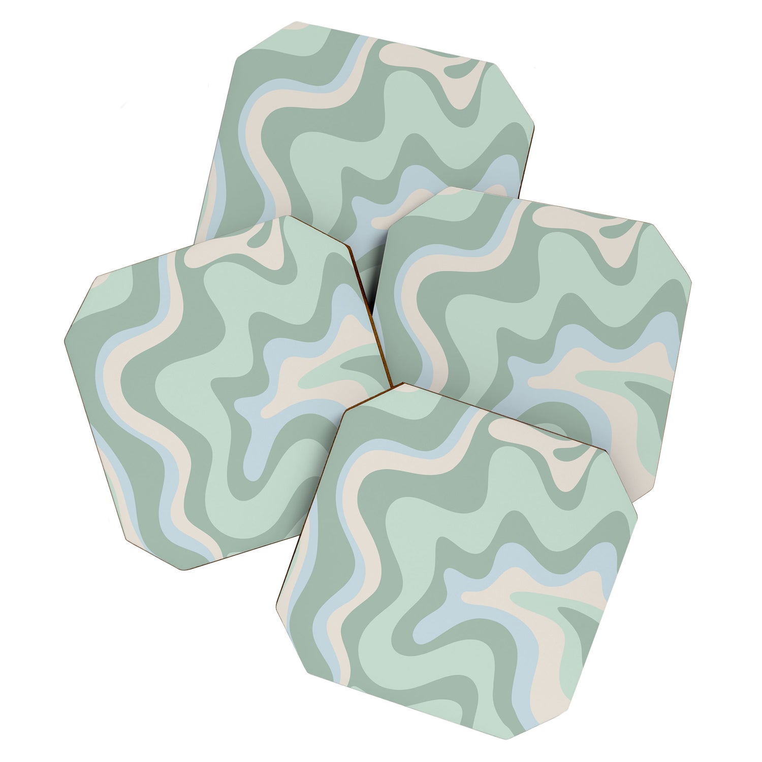 Retro Liquid Swirl Abstract Pattern Celadon Mint Green Baby Blue Beige  Coaster Gallery Image 1