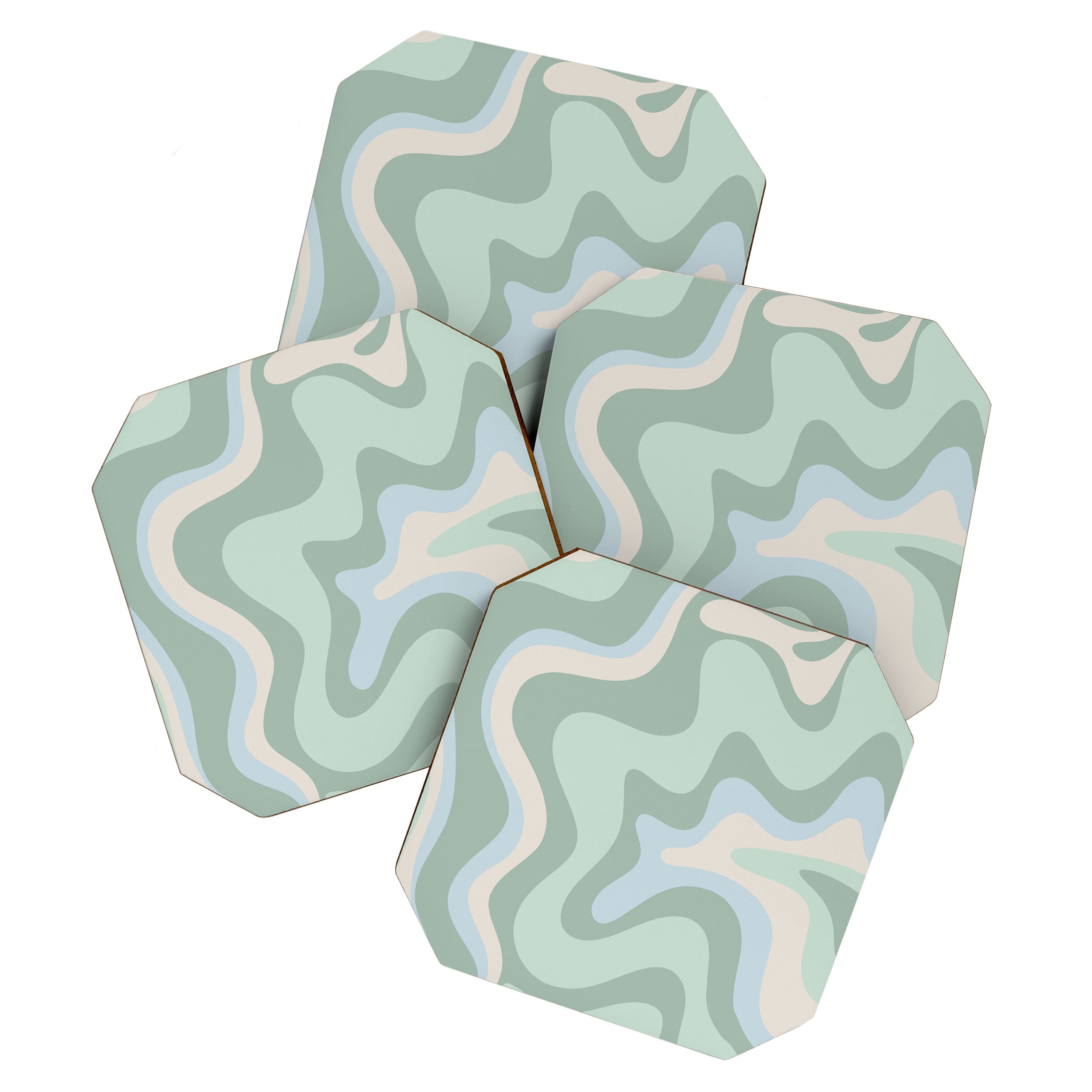 Retro Liquid Swirl Abstract Pattern Celadon Mint Green Baby Blue Beige  Coaster Gallery Image 1