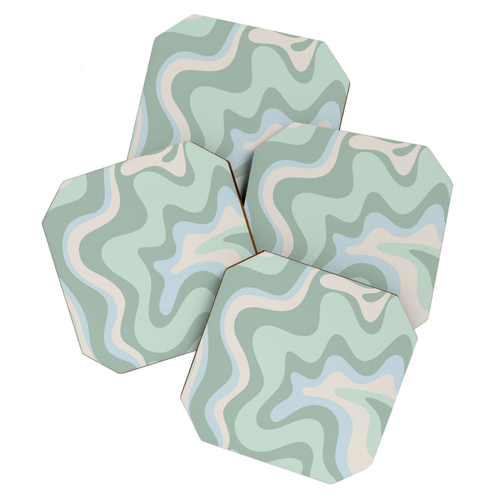 Retro Liquid Swirl Abstract Pattern Celadon Mint Green Baby Blue Beige  Coaster Gallery Image 1