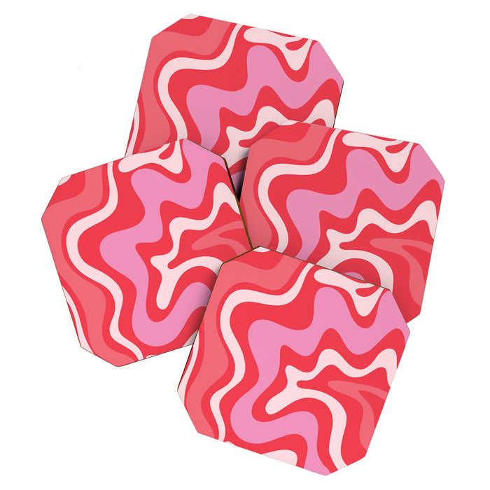 Retro Liquid Swirl Abstract Pattern Cherry Red Pink Coaster Gallery Image 1