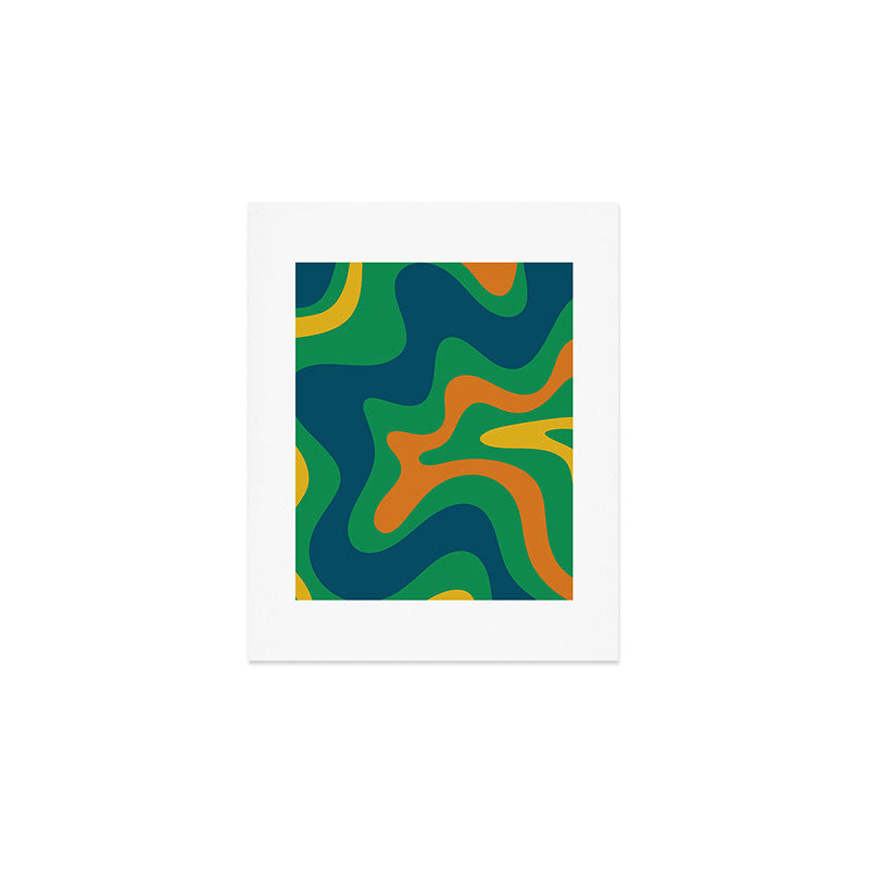 Retro Liquid Swirl Abstract Pattern in 70s Green, Blue, Orange, Yellow Art Print Gallery Image 1