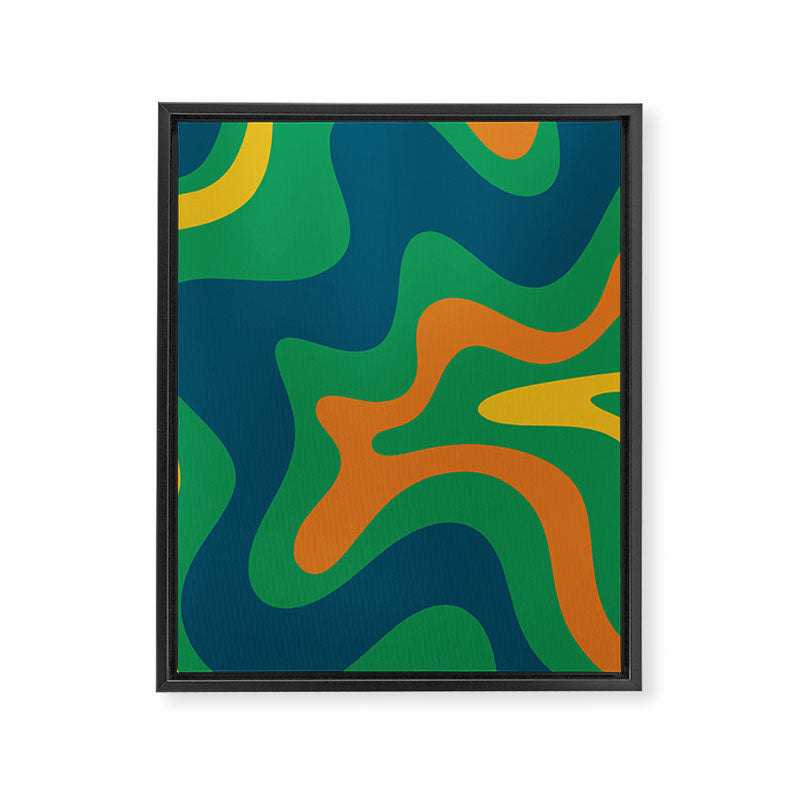 Retro Liquid Swirl Abstract Pattern in 70s Green, Blue, Orange, Yellow Framed Canvas Print Gallery Image 8