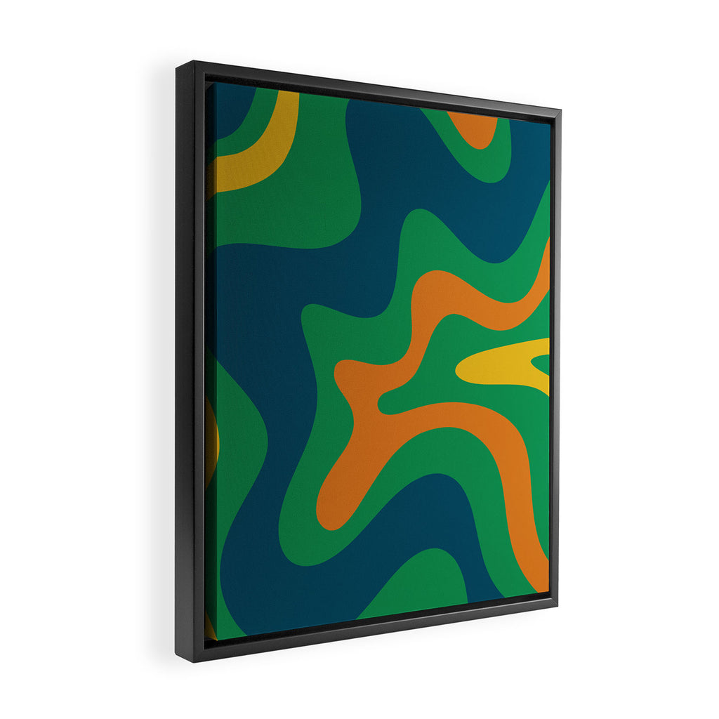 Retro Liquid Swirl Abstract Pattern in 70s Green, Blue, Orange, Yellow Framed Canvas Print Gallery Image 2