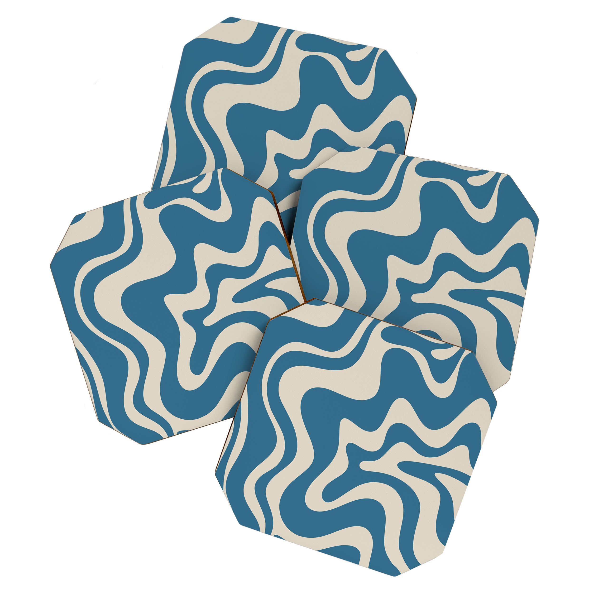Retro Liquid Swirl Abstract Pattern in Beige and Boho Blue Coaster Gallery Image 1