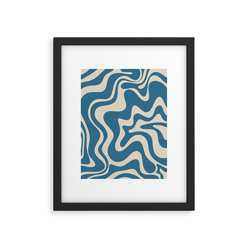 Retro Liquid Swirl Abstract Pattern in Beige and Boho Blue Framed Art Print Gallery Image 5