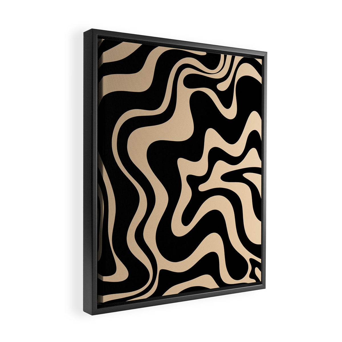 Retro Liquid Swirl Abstract Pattern in Black and Camel Framed Canvas Print Gallery Image 2