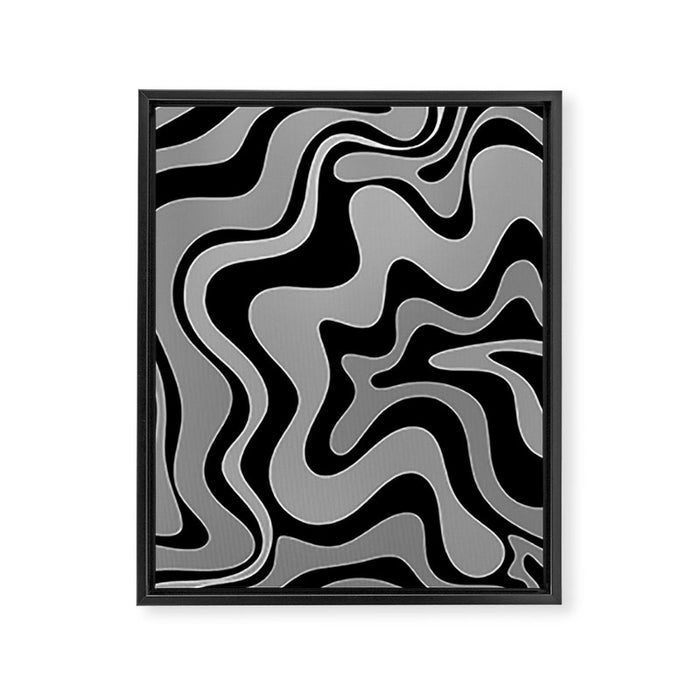 Retro Liquid Swirl Abstract Pattern in Black and Gray Framed Canvas Print Gallery Image 1