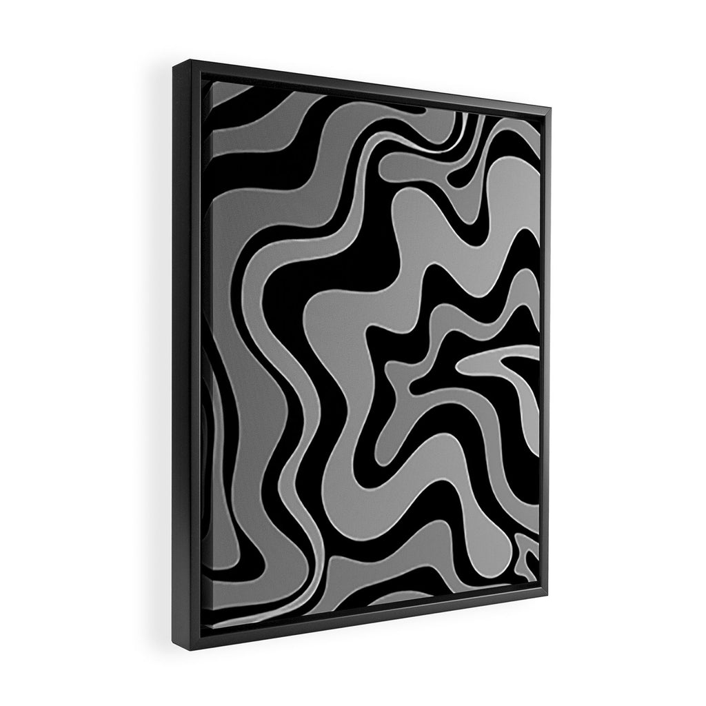 Retro Liquid Swirl Abstract Pattern in Black and Gray Framed Canvas Print Gallery Image 2