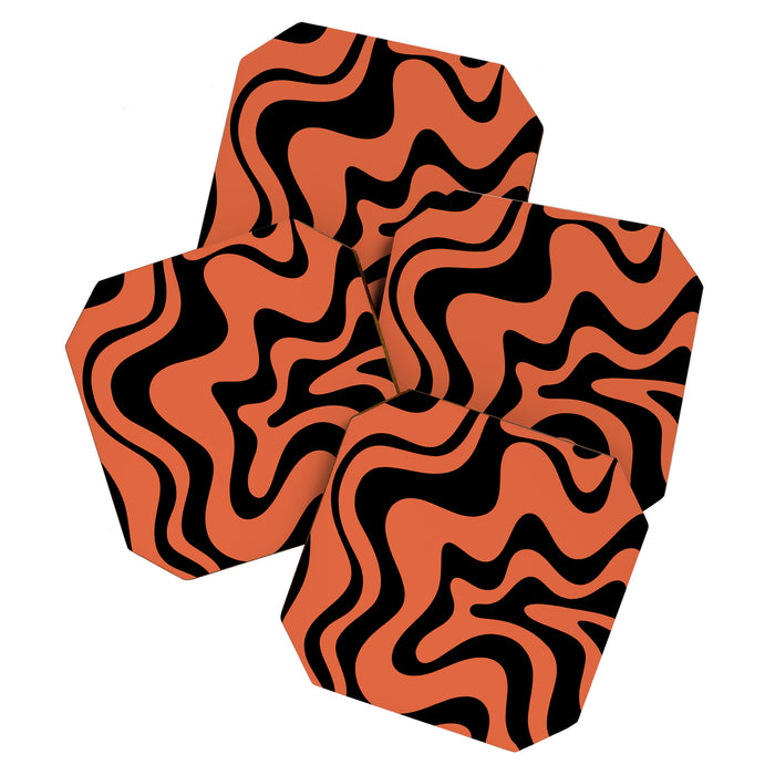 Retro Liquid Swirl Abstract Pattern in Black and Orange Coaster Gallery Image 1