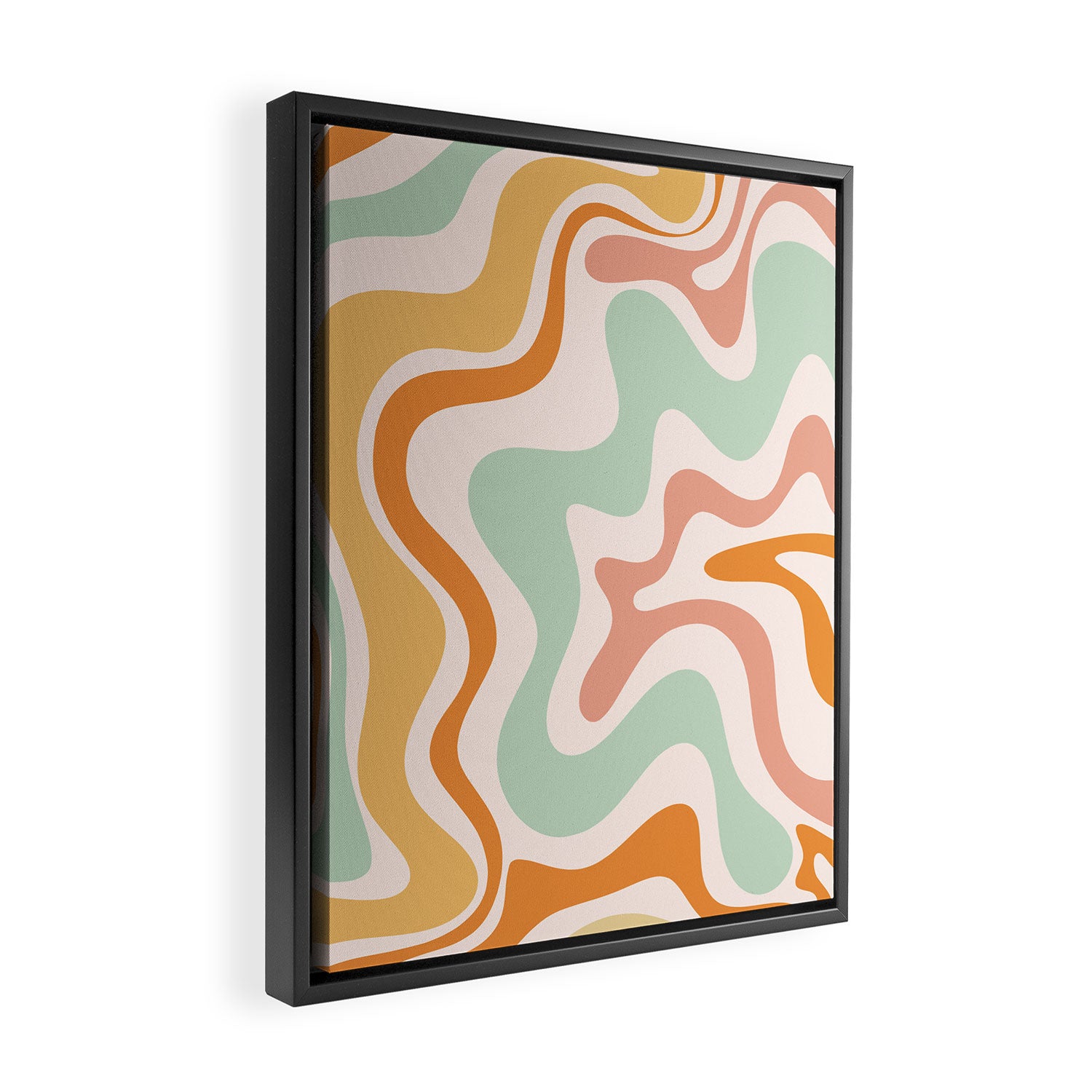 Retro Liquid Swirl Abstract Pattern in Celadon Orange Framed Canvas Print Gallery Image 2
