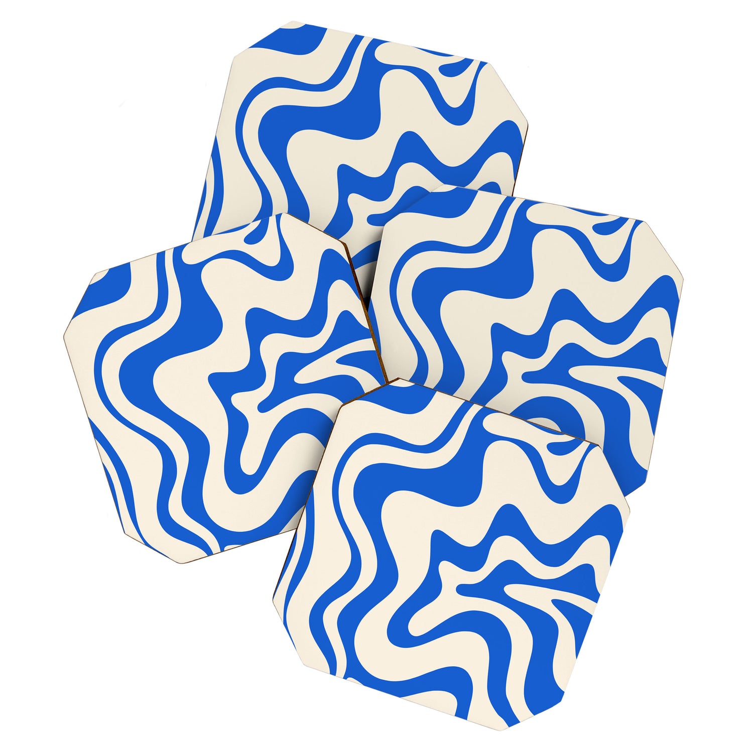Retro Liquid Swirl Abstract Pattern in Cobalt Blue Cream Coaster Gallery Image 1