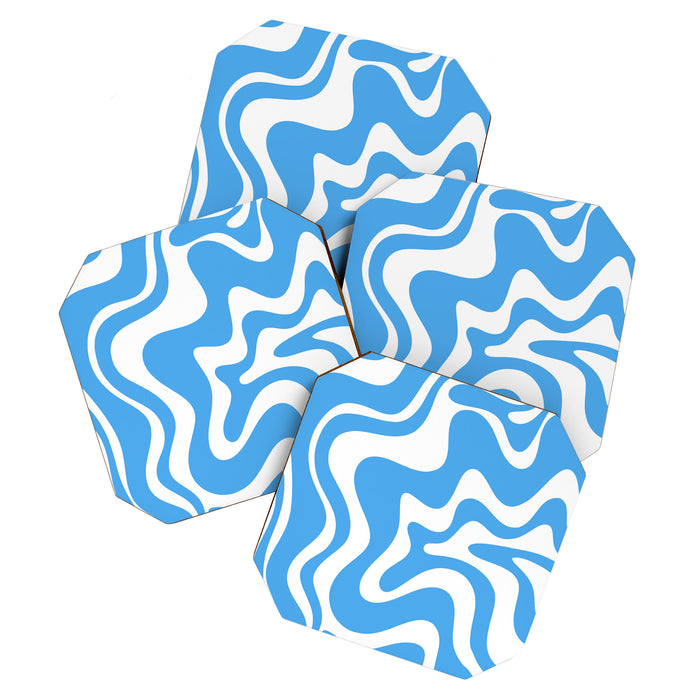 Retro Liquid Swirl Abstract Pattern in Contemporary Blue and White Coaster Gallery Image 1