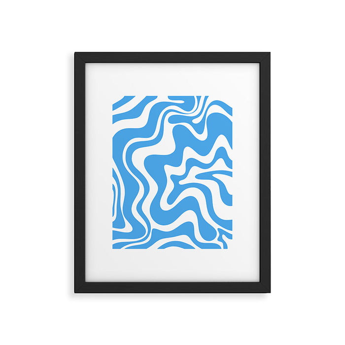 Retro Liquid Swirl Abstract Pattern in Contemporary Blue and White Framed Art Print Gallery Image 1