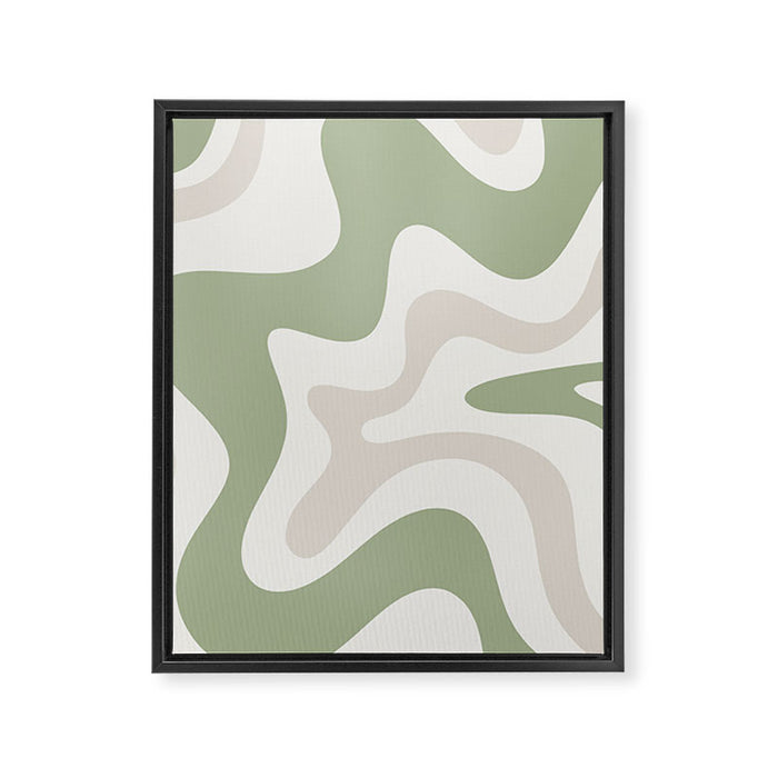 Retro Liquid Swirl Abstract Pattern in Cream, Sage, Beige Framed Canvas Print Gallery Image 1