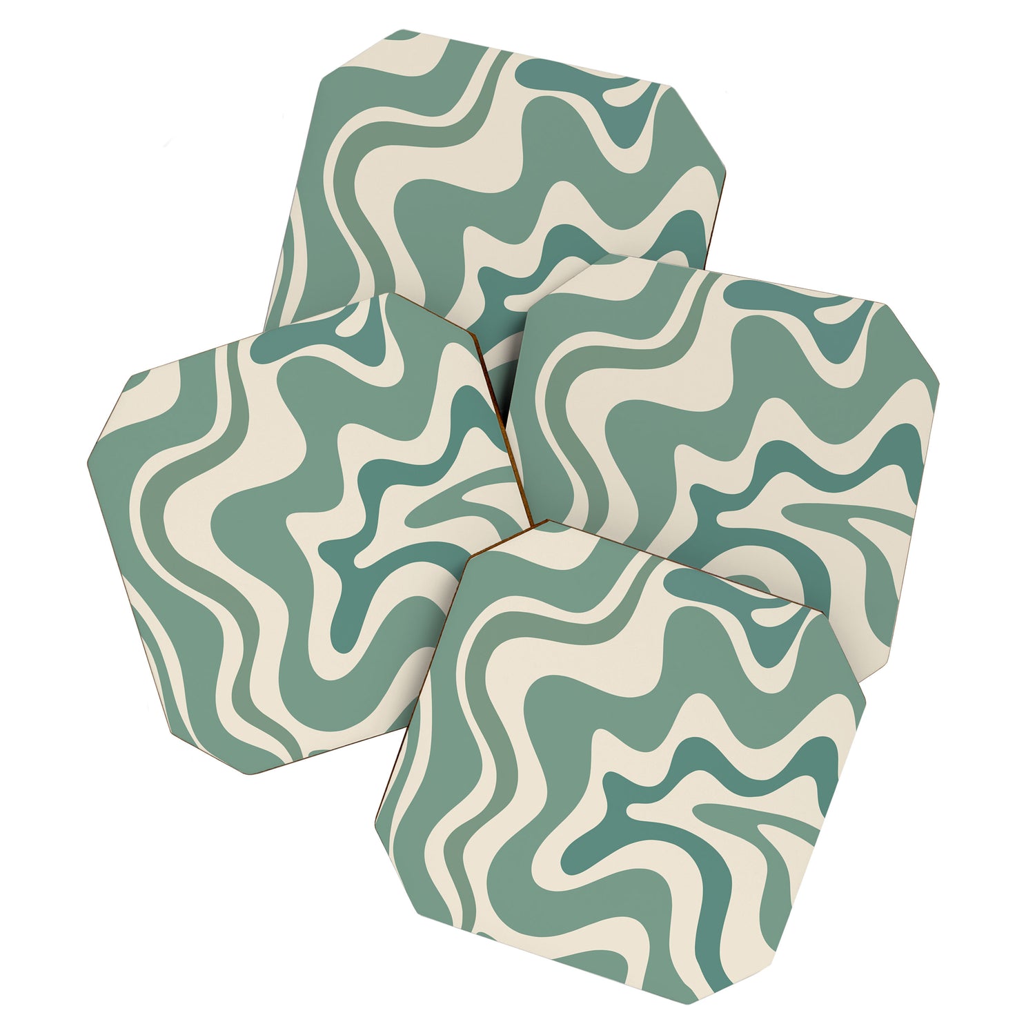 Retro Liquid Swirl Abstract Pattern in Eucalyptus Sage Green and Cream Beige Coaster Gallery Image 1