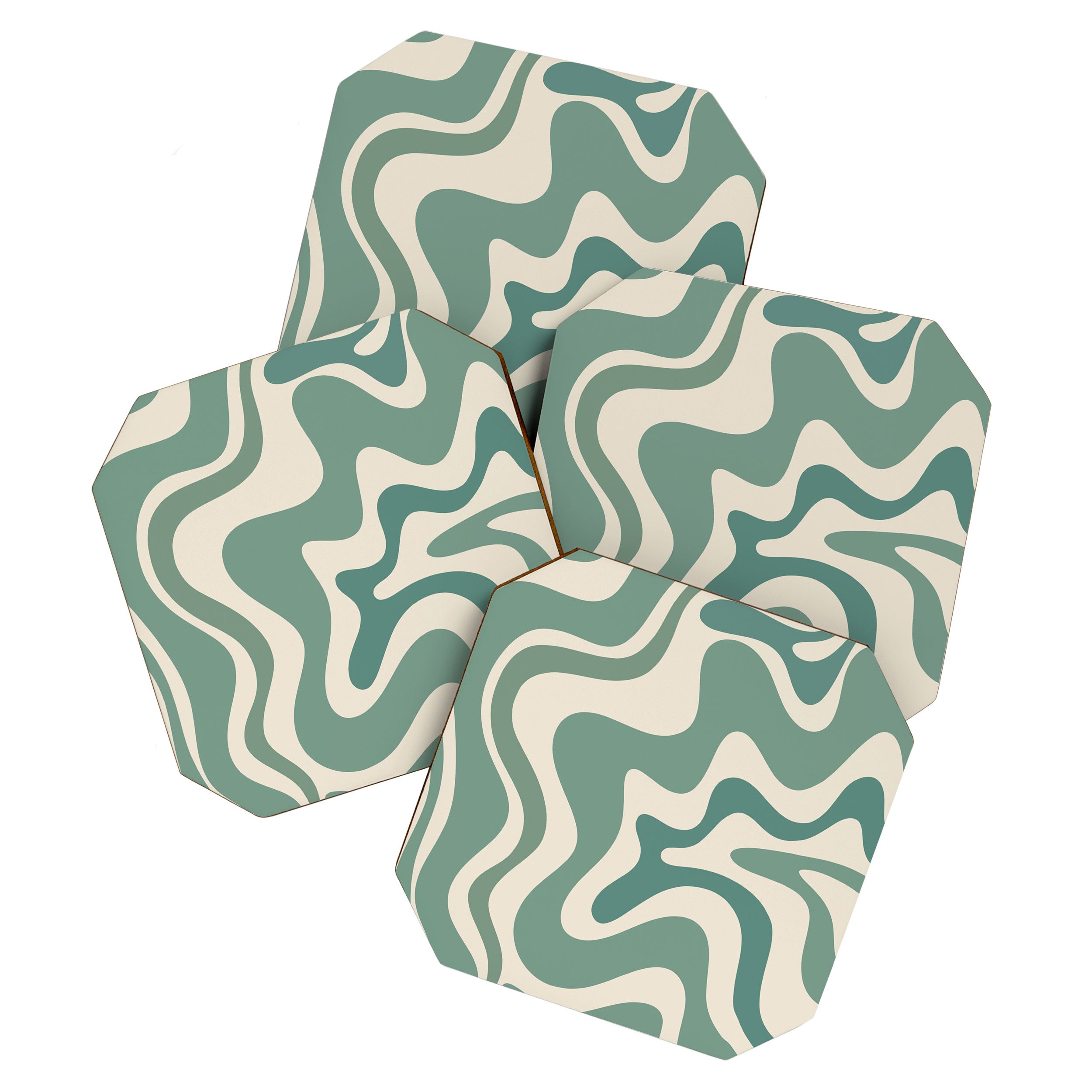 Retro Liquid Swirl Abstract Pattern in Eucalyptus Sage Green and Cream Beige Coaster Gallery Image 1