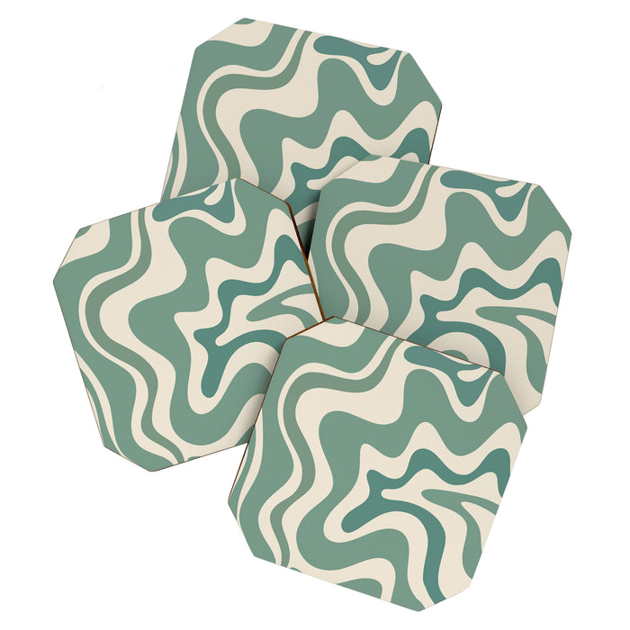 Retro Liquid Swirl Abstract Pattern in Eucalyptus Sage Green and Cream Beige Coaster Gallery Image 1
