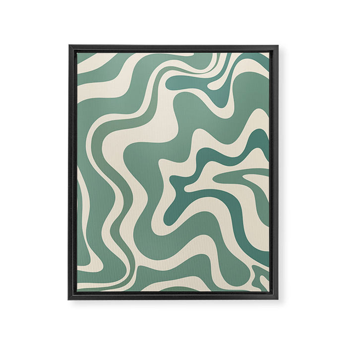 Retro Liquid Swirl Abstract Pattern in Eucalyptus Sage Green and Cream Beige Framed Canvas Print Gallery Image 1
