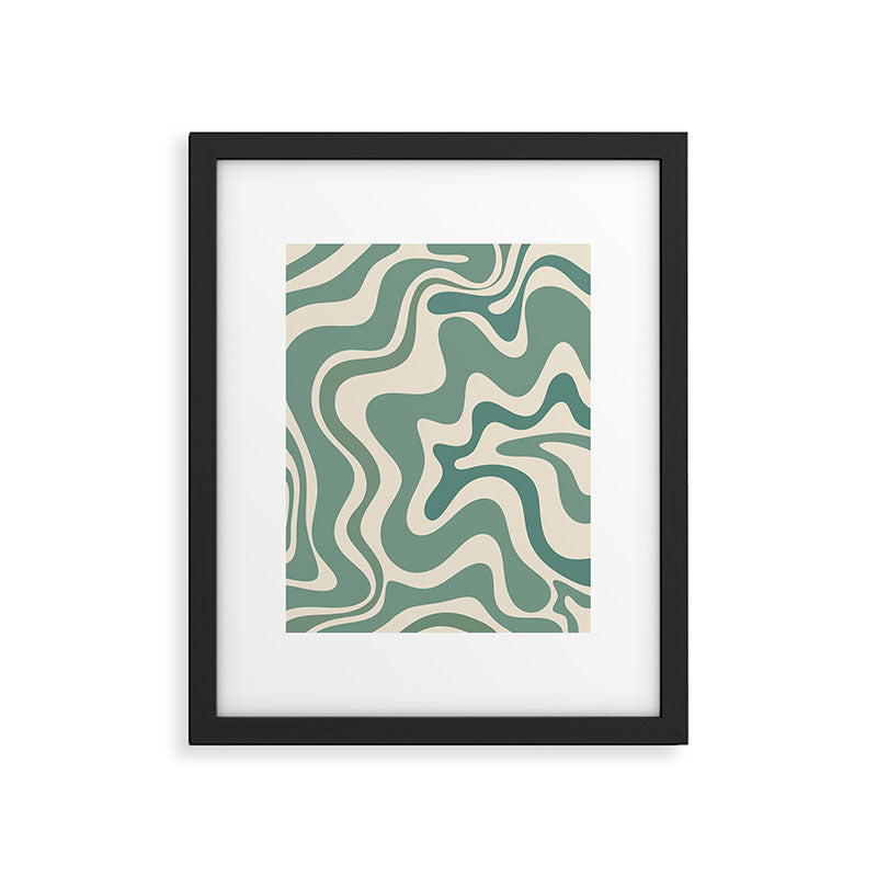 Retro Liquid Swirl Abstract Pattern in Eucalyptus Sage Green and Cream Beige Framed Art Print Gallery Image 5