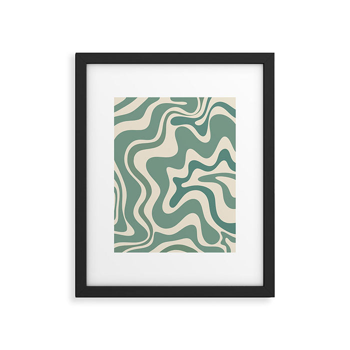 Retro Liquid Swirl Abstract Pattern in Eucalyptus Sage Green and Cream Beige Framed Art Print Gallery Image 1