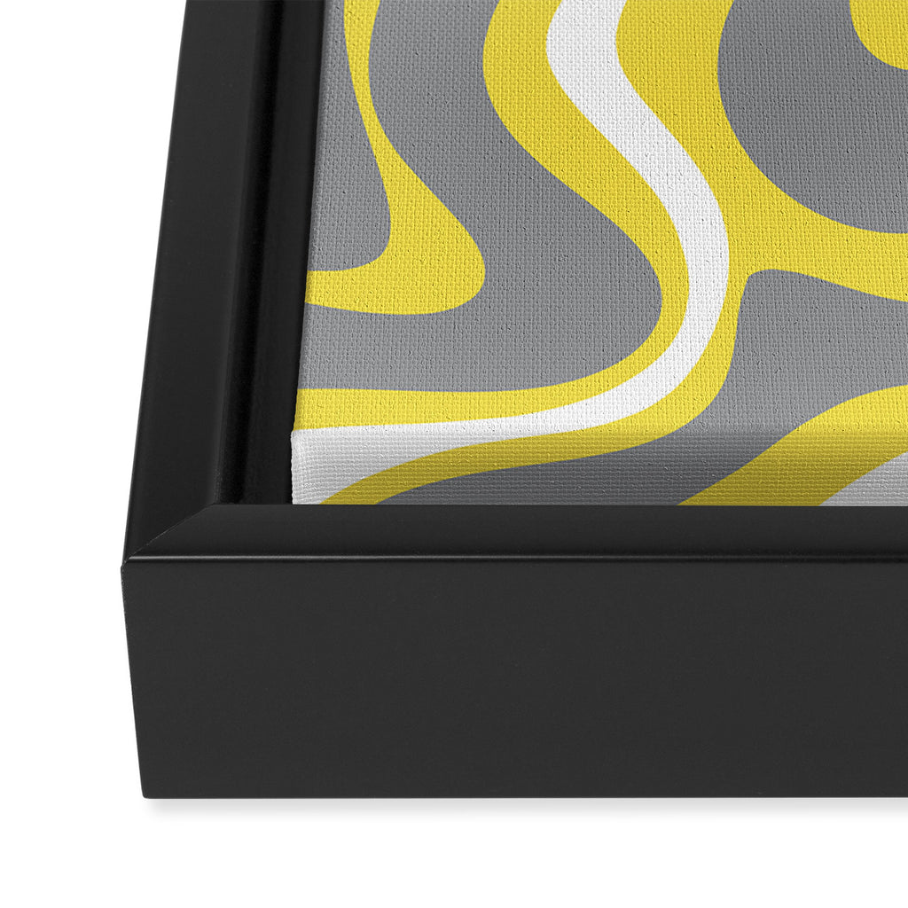 Retro Liquid Swirl Abstract Pattern in Light Grey, White, and Lemon Yellow Framed Canvas Print Gallery Image 3