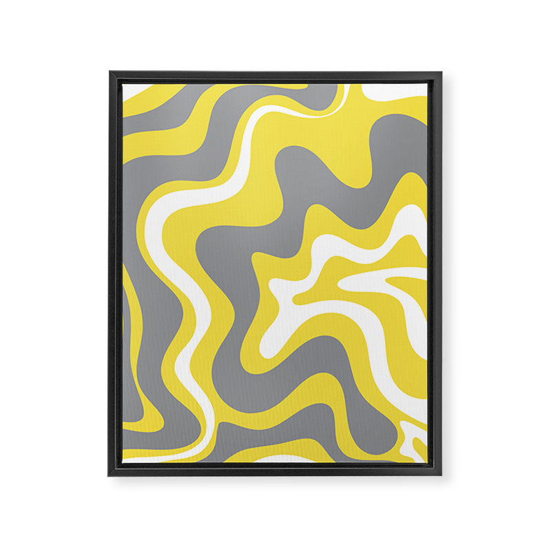 Retro Liquid Swirl Abstract Pattern in Light Grey, White, and Lemon Yellow Framed Canvas Print Gallery Image 6