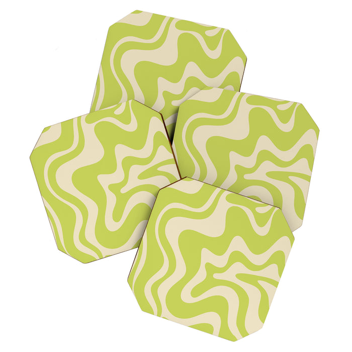 Retro Liquid Swirl Abstract Pattern in Light Lime Linden Green and Beige Coaster Gallery Image 1