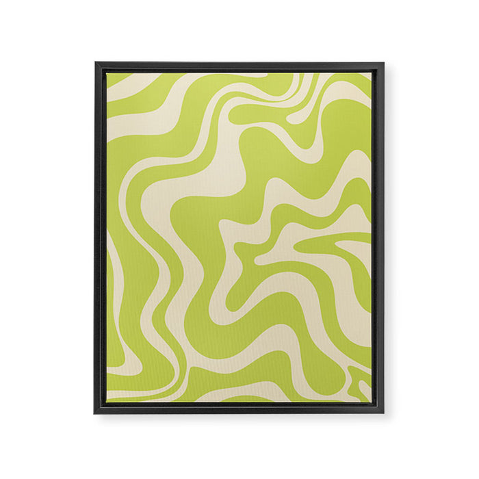 Retro Liquid Swirl Abstract Pattern in Light Lime Linden Green and Beige Framed Canvas Print Gallery Image 1