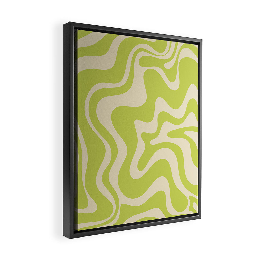 Retro Liquid Swirl Abstract Pattern in Light Lime Linden Green and Beige Framed Canvas Print Gallery Image 2