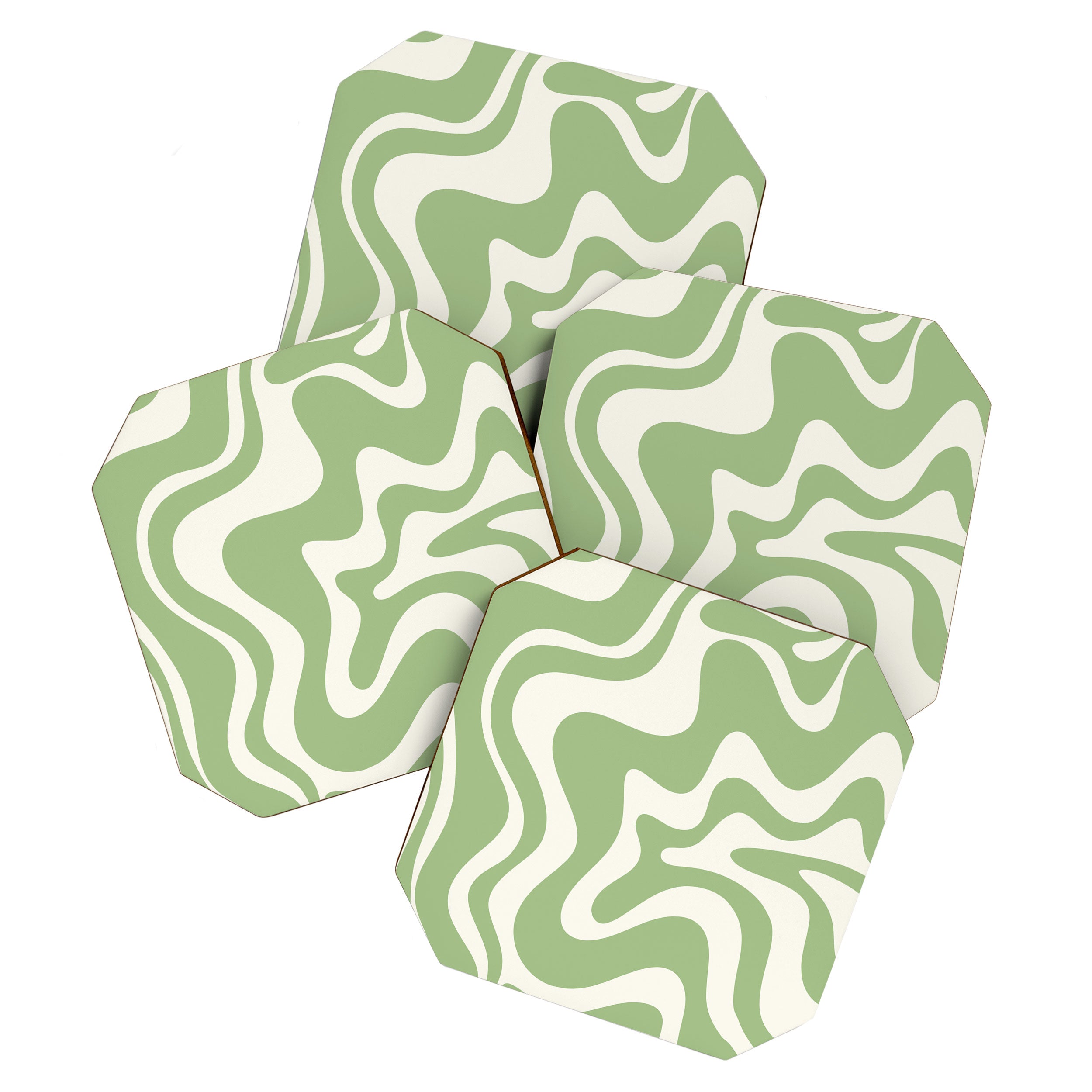 Retro Liquid Swirl Abstract Pattern in Light Sage Green and Cream Coaster Gallery Image 1