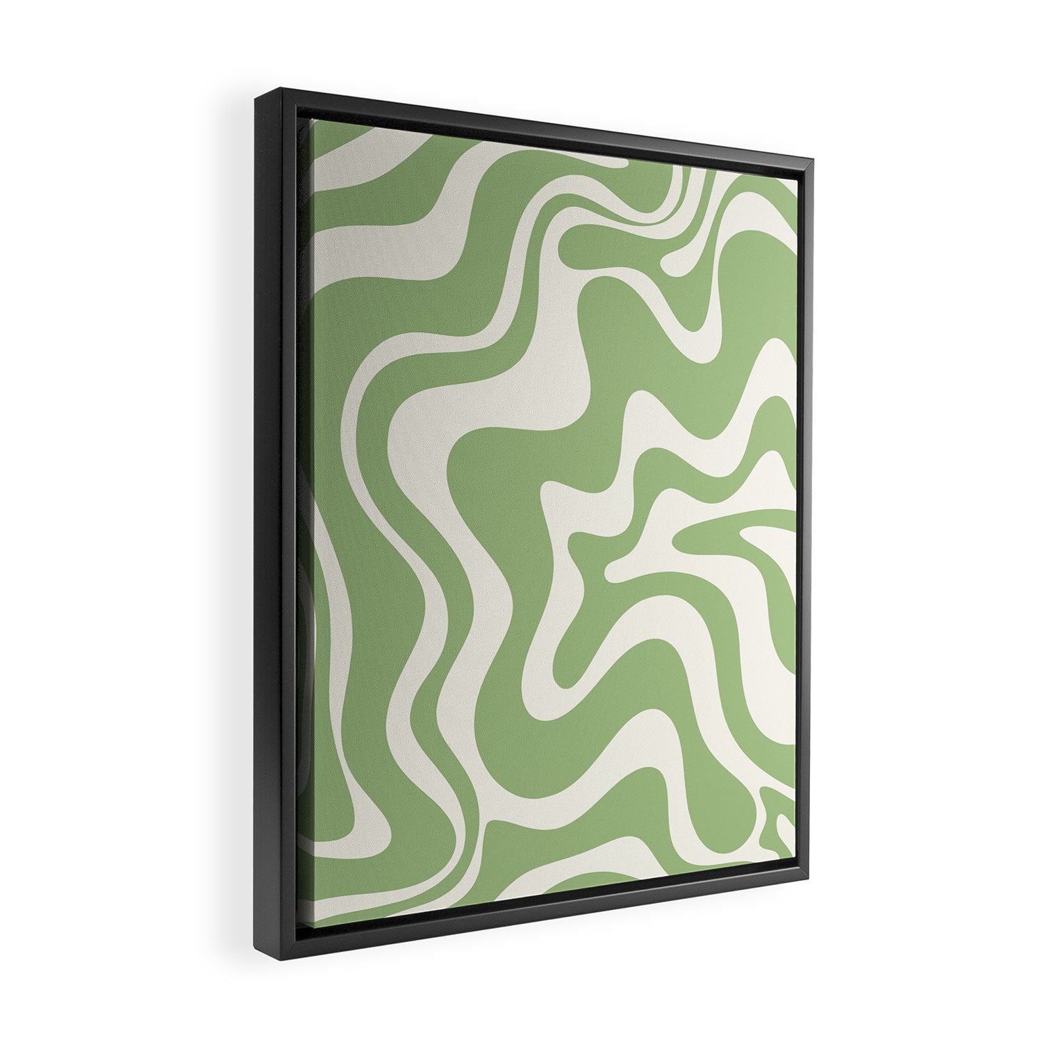 Retro Liquid Swirl Abstract Pattern in Light Sage Green and Cream Framed Canvas Print Gallery Image 2