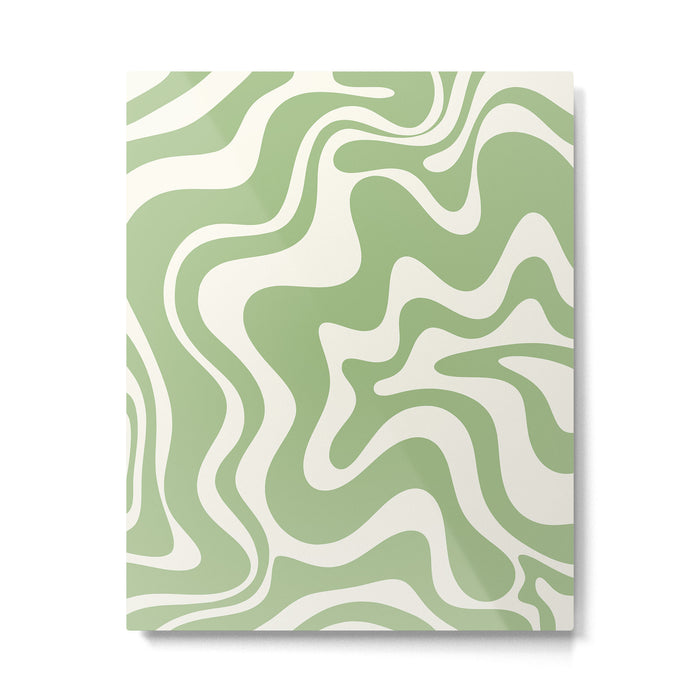 Retro Liquid Swirl Abstract Pattern in Light Sage Green and Cream Metal Print Gallery Image 1