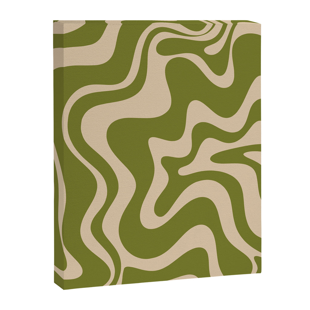 Retro Liquid Swirl Abstract Pattern in Mid Mod Olive Green and Beige Canvas Print Gallery Image 6