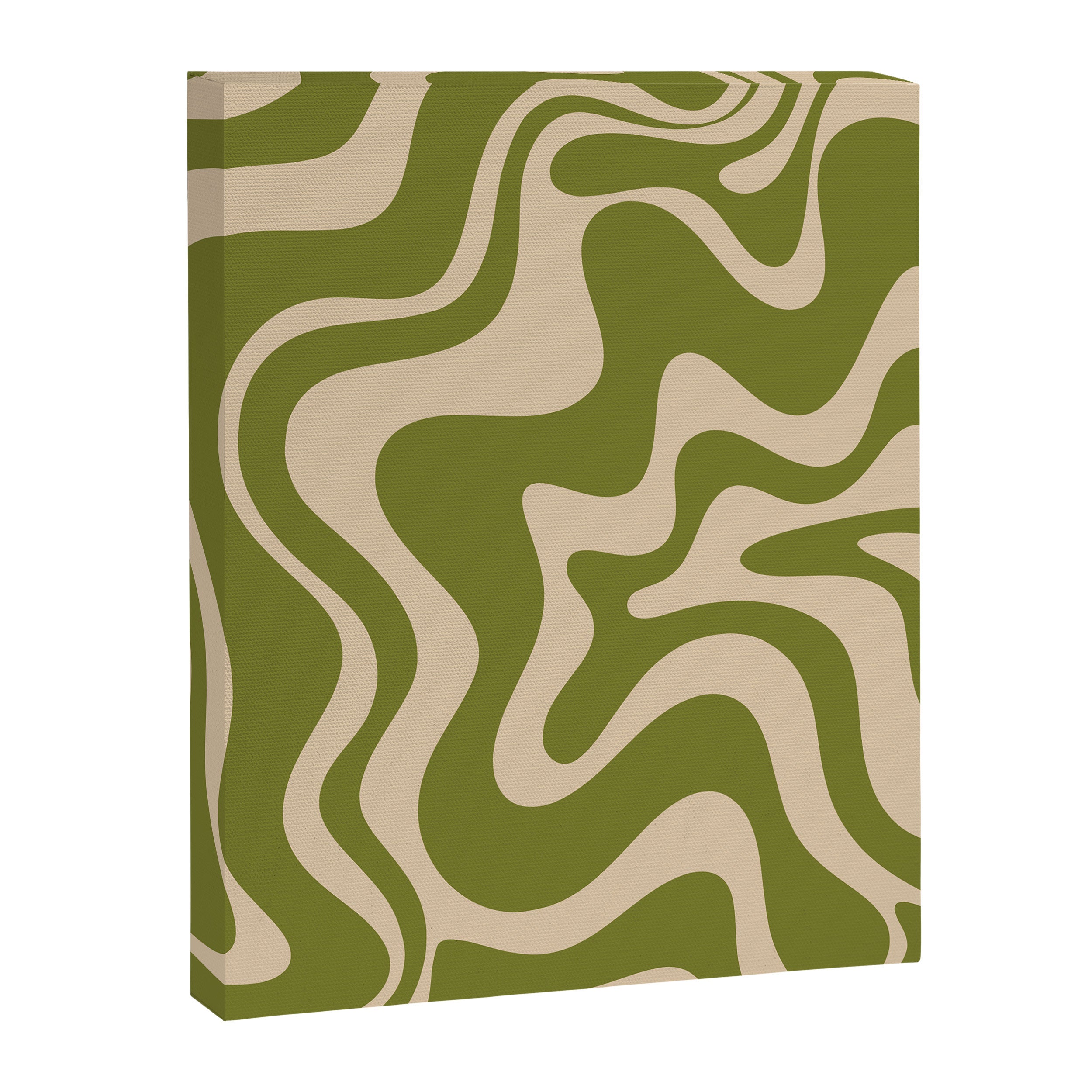 Retro Liquid Swirl Abstract Pattern in Mid Mod Olive Green and Beige Canvas Print Gallery Image 6