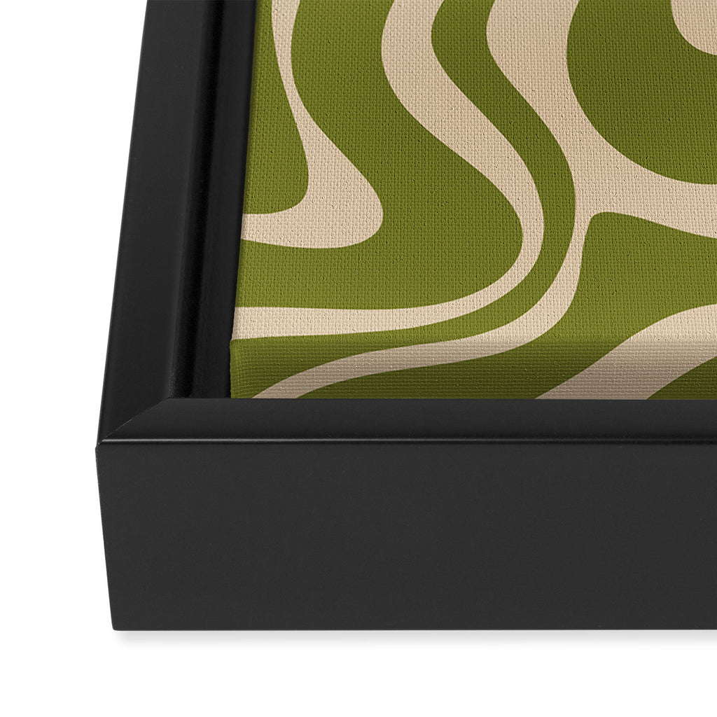 Retro Liquid Swirl Abstract Pattern in Mid Mod Olive Green and Beige Framed Canvas Print Gallery Image 3