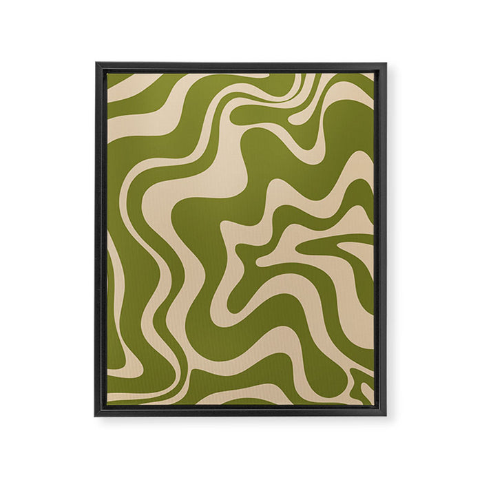 Retro Liquid Swirl Abstract Pattern in Mid Mod Olive Green and Beige Framed Canvas Print Gallery Image 1