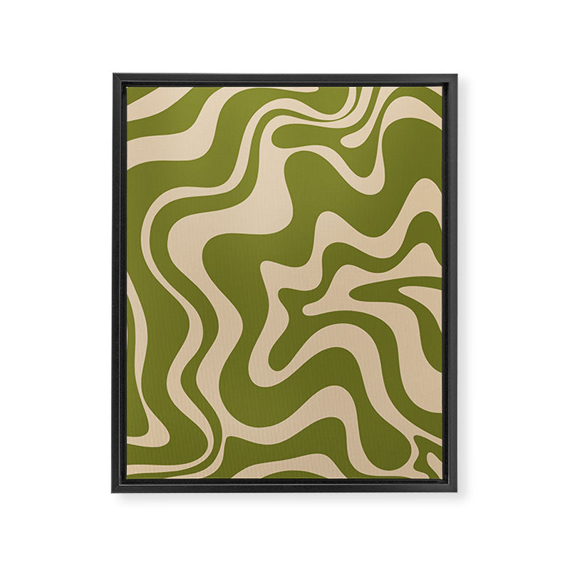 Retro Liquid Swirl Abstract Pattern in Mid Mod Olive Green and Beige Framed Canvas Print Gallery Image 6