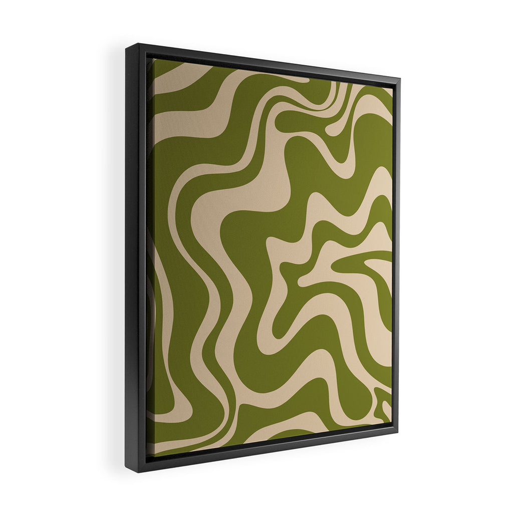 Retro Liquid Swirl Abstract Pattern in Mid Mod Olive Green and Beige Framed Canvas Print Gallery Image 2