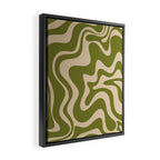 Retro Liquid Swirl Abstract Pattern in Mid Mod Olive Green and Beige Framed Canvas Print Gallery Image 2